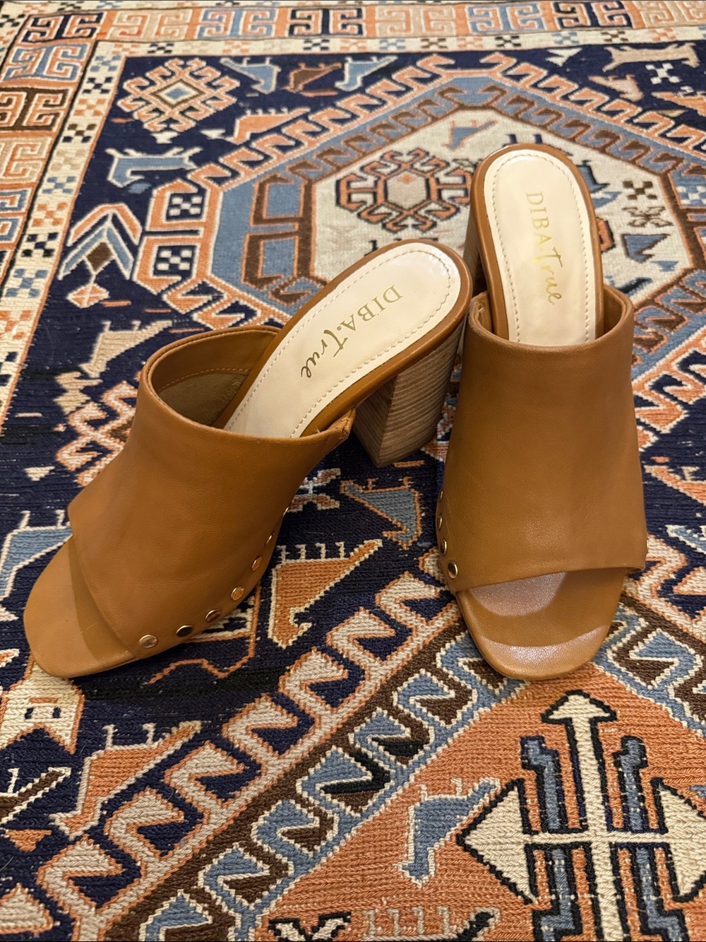 Women’s Tan Leather Open-Toe Block Heel Mules- Diba True- size 7.5